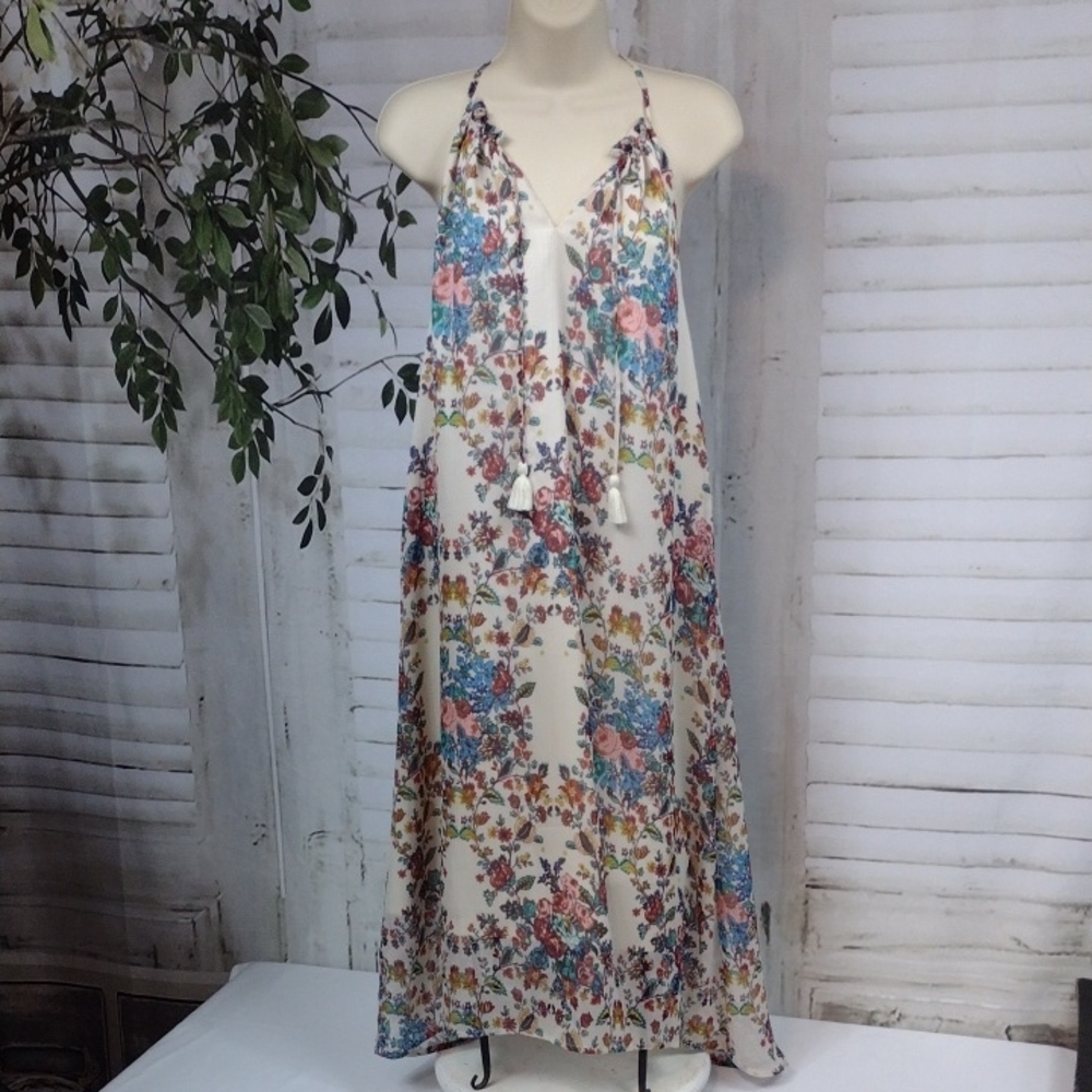 Lucky Brand Cream High Low Dress with Blue and Pink Floral Print Size M